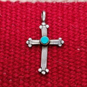 Vtg Native Sterling Silver Turquoise Cross Pendant Stamped USA 1.25" Long
